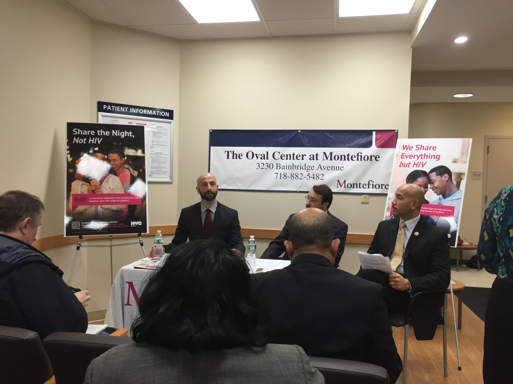 DR. DEMETRE DASKALAKIS, Assistant Commissioner for the New York City Health Department (r), joins Dr. Barry S. Zingman, medical director for Montefiore Medical Center's AIDS Center, and Borough President Ruben Diaz Jr. in announcing an awareness campaign on available treatments for HIV/AIDS. Photo by David Cruz  