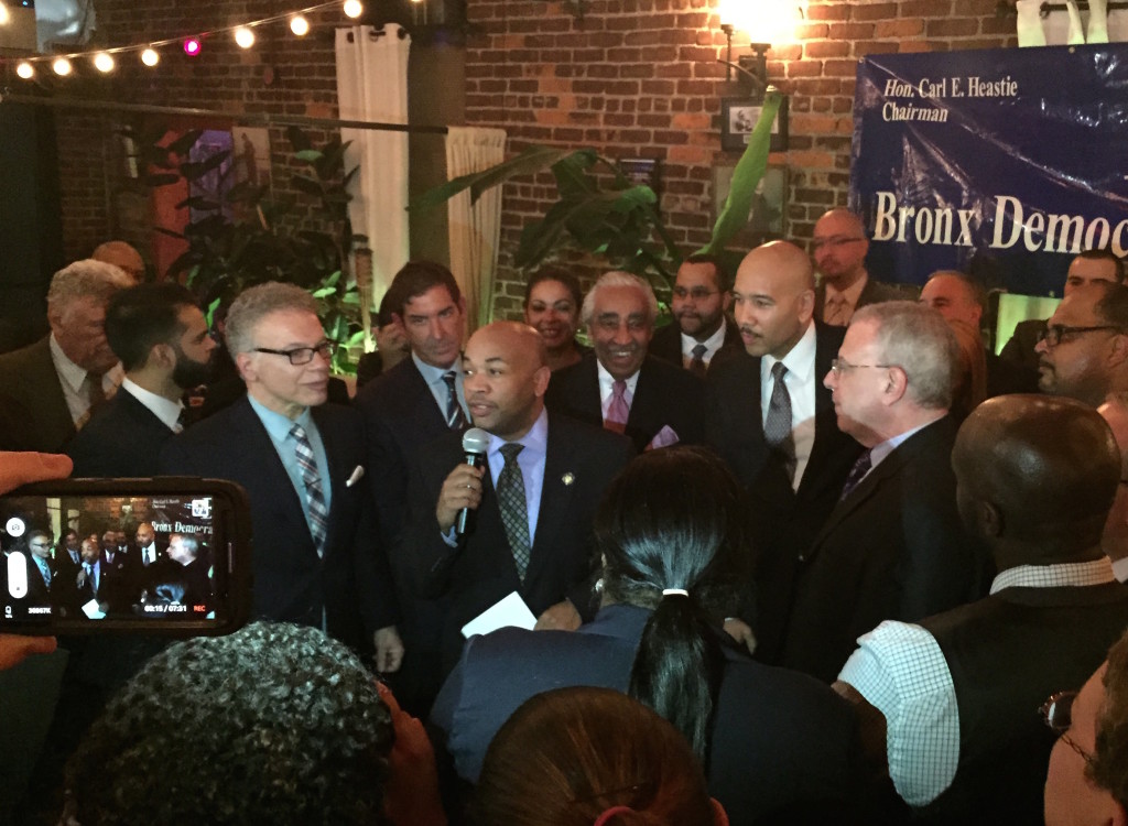 ASSEMBLYMAN CARL HEASTIE (c) flanked by the Bronx Delegation, thanks supporters for backing him for Assembly Speaker.  Photo by David Cruz