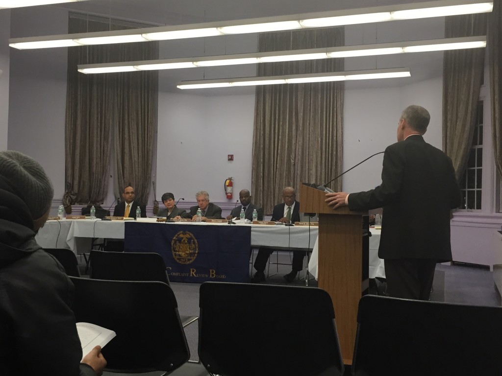 CHRISTOPHER DUNN, a lawyer for the New York Civil Liberties Union, comments on the CCRB's effectiveness during the Board's first gathering of 2015.  Photo by David Cruz 