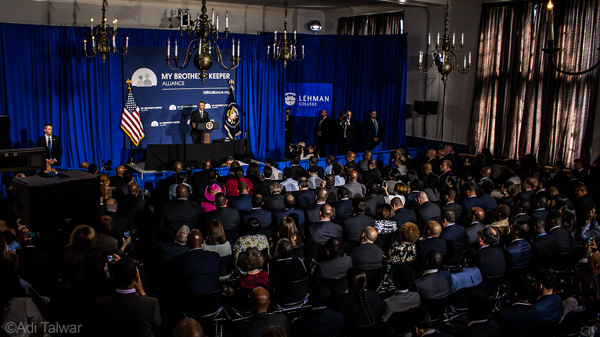 PRESIDENT BARACK OBAMA speaks at Lehman College.  Photo by Adi Talwar