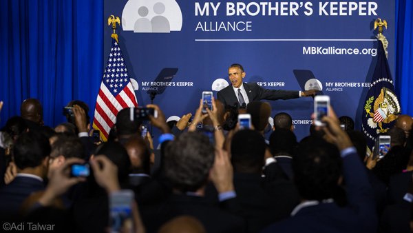 IN HIS FIRST visit to the Bronx, President Obama touts the My Brother's Keeper Alliance.  Photo by Adi Talwar