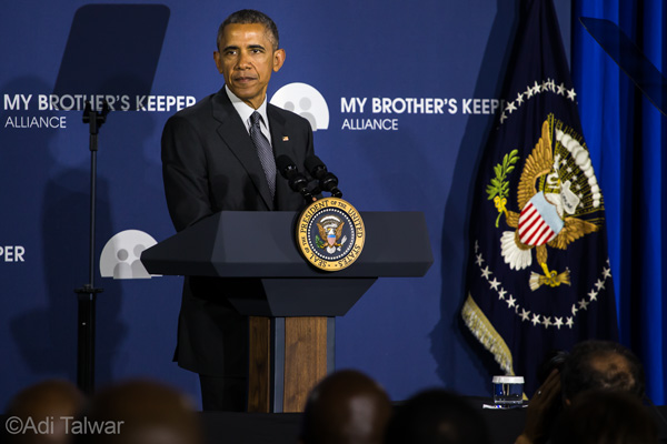 PRESIDENT BARACK OBAMA, at Lehman College,  announces the My Brother's Keeper Alliance.  Photo by Adi Talwar