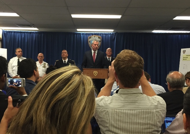 MAYOR BILL DE BLASIO, at news conference announcing the Summer All Out program, says the anti-crime initiative "has a proven track record."  Photo by David Cruz 