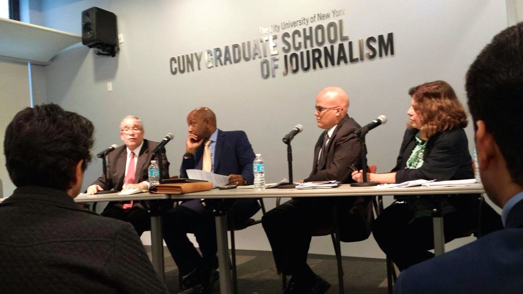 NEW YORK CITY Comptroller Scott Stringer (far left) participates at the Center for Community & Ethnic Media's Newsmakers series, speaking with (l-r) Errol Louis, NY1 political reporter and Director of the CUNY J School's Urban Reporting concentration, David Cruz, editor-in-chief of the Norwood News, and Tequila Minsky, a photojournalist for Caribbean Life. Photo by Vivian Carter