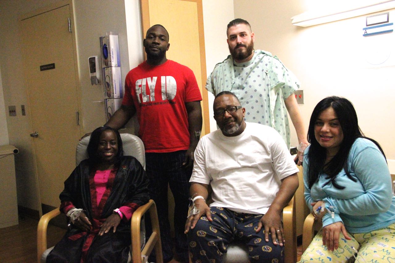 TRANSPLANT DONORS AND RECIPIENTS include (seated l-r) Rebecca Cherry, Lawrence Cherry, Sagracio Garcia, (standing (l-r) Rasheed Vitales, Christopher Forthman. (Not pictured: Emily Cokey, Juan Garcia and Dorothy Vitales.) Photo courtesy Montefiore Health System