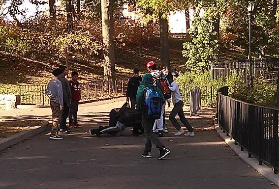 YOUNG PEOPLE BRAWL on the grounds of Williamsbridge Oval Park, a common setting to settle scores. Photo courtesy Aldo Perez 