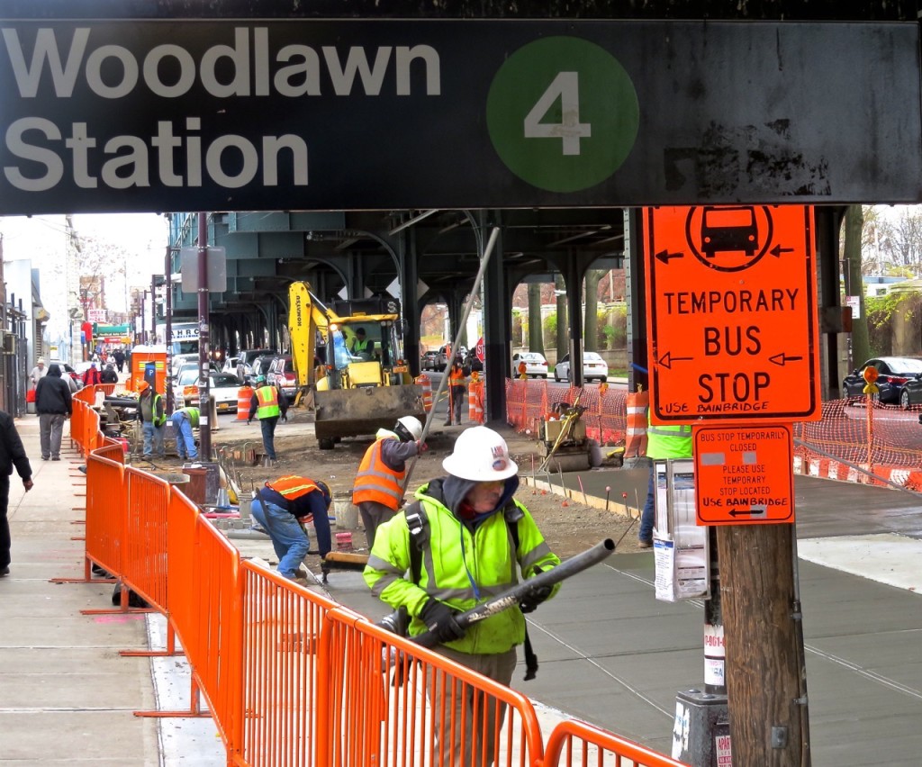 CONSTRUCTION CREWS AND equipment is a commuter's first view as they exit the #4 Woodlawn subway station at Jerome Avenue. Crews have spent the last few weeks building a so-called bus bulb to improve pedestrian safety. Photo by Jasmine Gomez 