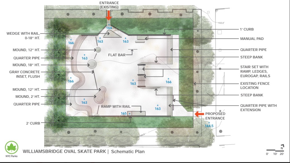 A DIAGRAM OF the pending skate park at Williamsbridge Oval Park was released at a recent Community Board 7 Parks Committee meeting. Image courtesy NYC Department of Parks 