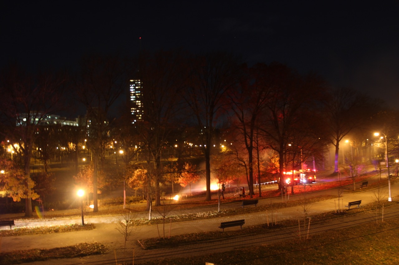 A FIRE AT Williamsbridge Oval Park on Nov. 27 can be seen from the windows of neighbors surrounding the heavily used park. Photo courtesy Frank da Cruz 