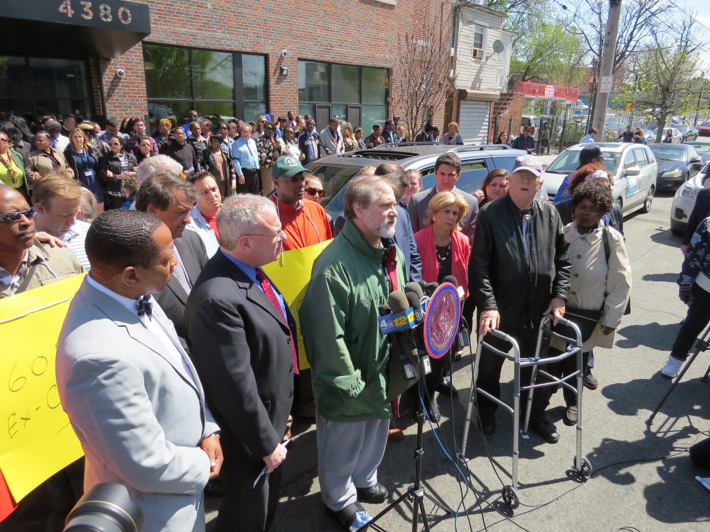 FATHER RICHARD GORMAN (at podium), a Roman Catholic preach, speaking at a rally in April 2015, has been suspended of his clergy duties following accusations of child molestation.  File Photo 