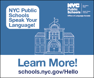 Ad for NYC public schools language translation resources - links to info page